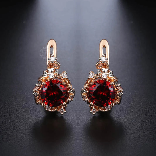 Red Cubic Zircon Earrings For Women 585 Rose Gold Color Female Earrings Woman Party Wedding Jewelry Valentines Gifts KGE176A