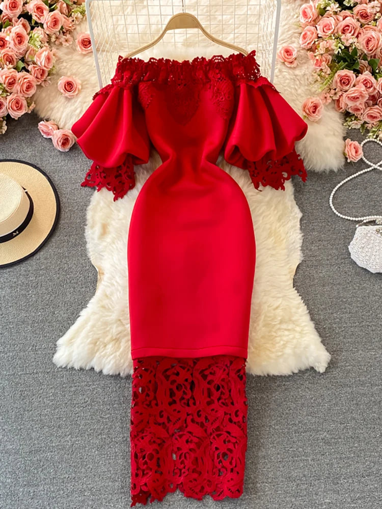 Sexy Hollow Out Lace Bodycon Long Dress Women Elegant Red/Pink/White Off Shoulder Patchwork Maxi Party Vestidos 2021 Autumn New