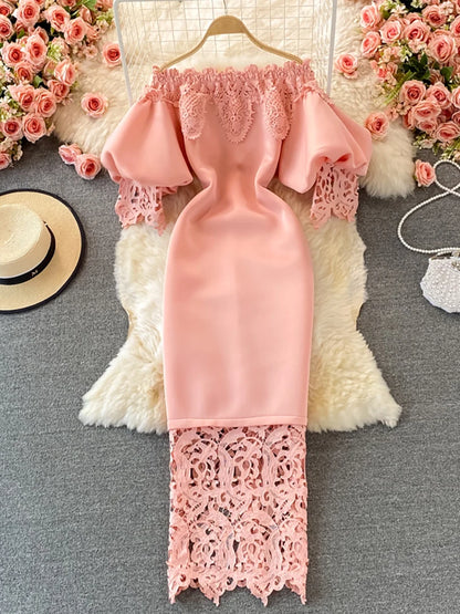 Sexy Hollow Out Lace Bodycon Long Dress Women Elegant Red/Pink/White Off Shoulder Patchwork Maxi Party Vestidos 2021 Autumn New