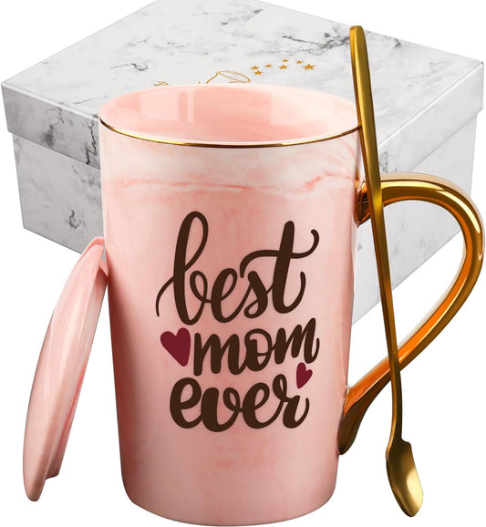 Best Mom Ever Mug Gifts, Mom Gifts from Daughter Son, Thanksgiving Day Gifts Coffee Mug for Mom, Mother's Day Birthday Gifts with Gift Box & Spoon Coaster, Pink Marble Mom Mug, New Year Gift