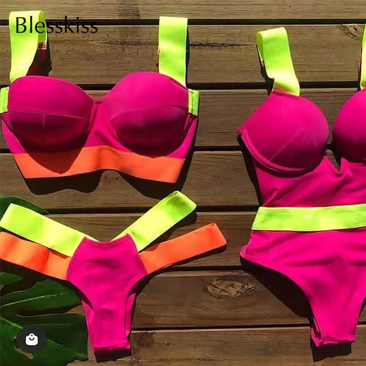 BLESSKISS Sexy Push Up Bikini 2022 Women Swimsuit Thong Cut Out Neon Bandage Brazilian Swimwear Bathing Suit Swim Bikini Set