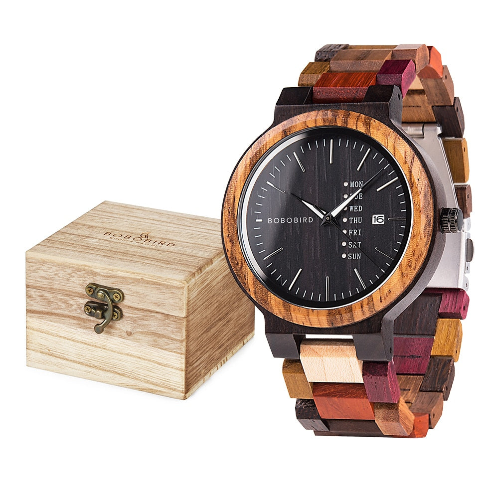 BOBO BIRD Wood Watch Men Women Quartz Week Date Couple Timepiece Colorful Wooden Band Logo Customize Gift Box Wholesale Dropship