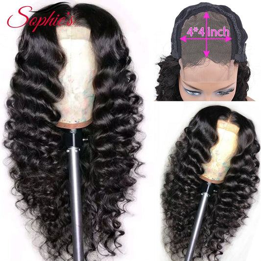 Deep Wave 4*4 Lace Closure Human Hair Wigs Pre Plucked Hairline 150% Density Brazilian Non-Remy Hair